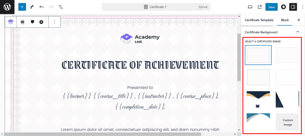 select certificate background 