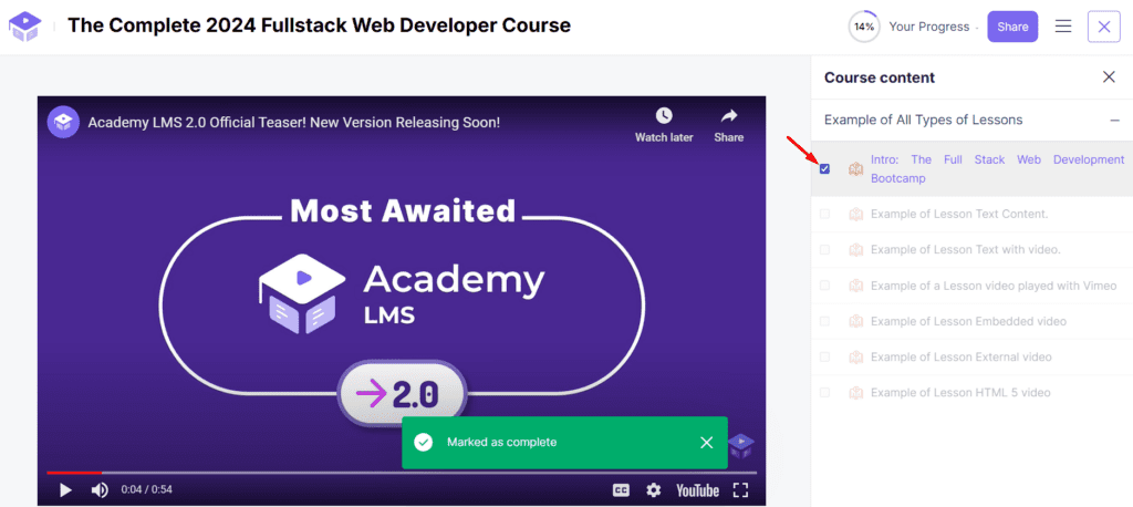 mark as lesson complete