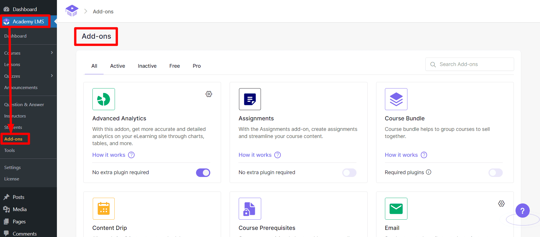 Academy LMS Add-ons Page