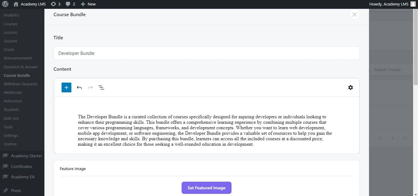 course bundle title, description, and feature image