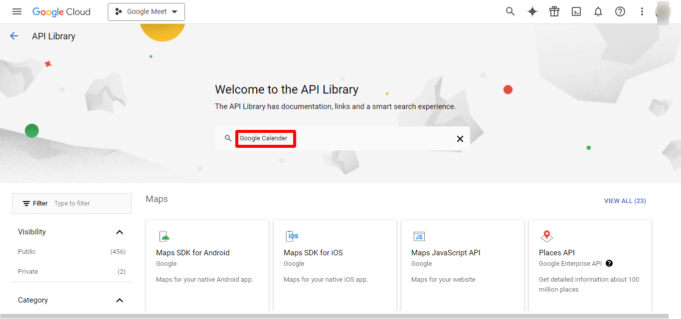 Search in the box for Google Calendar
