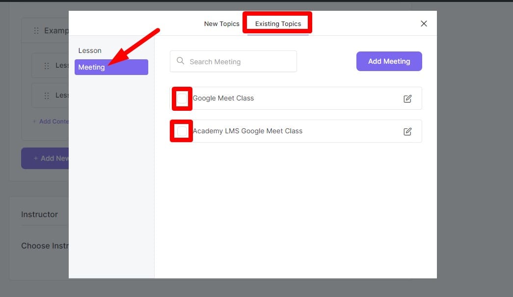Add exsiting Google Meet meeting to a course 