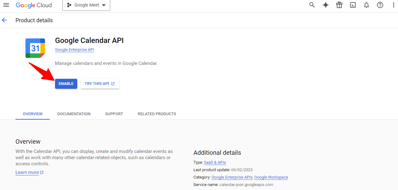 Click Enable to activate the Google Calander API