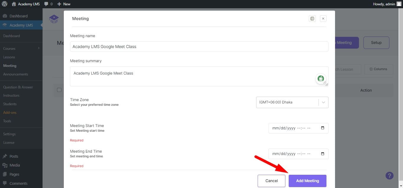 click on Add Meeting button