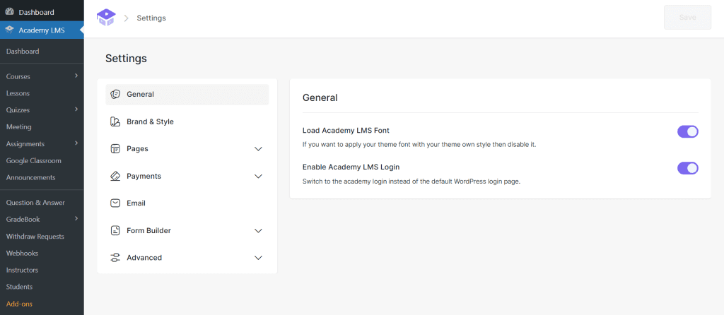 Academy LMS Settings