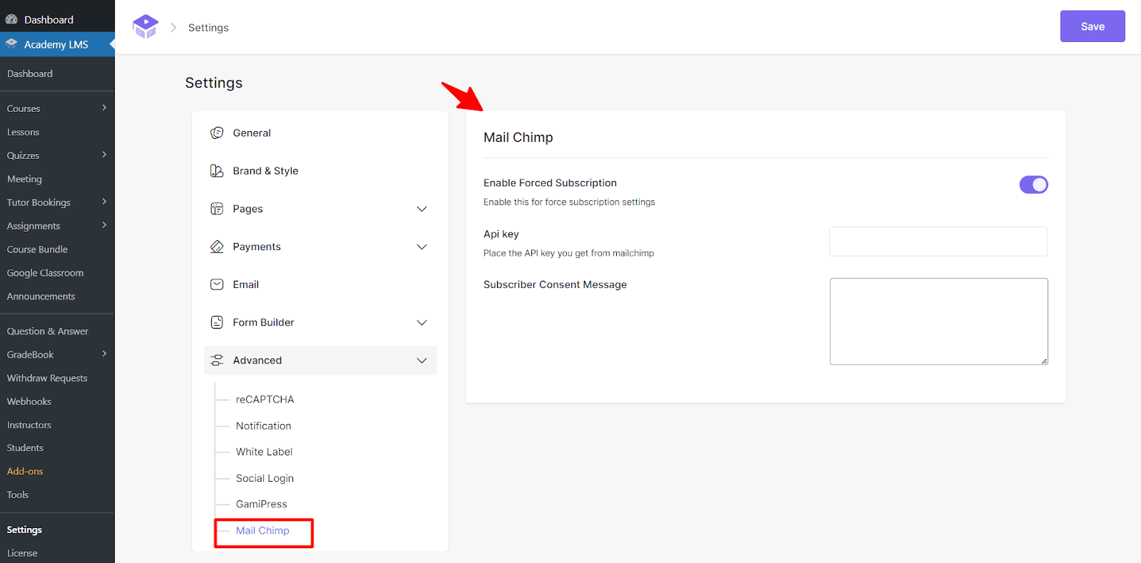 MailChimp options