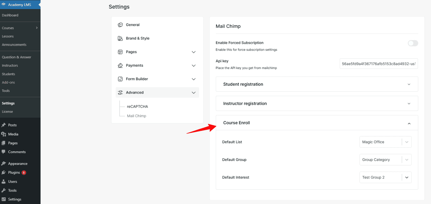 course enroll option for mailchimp