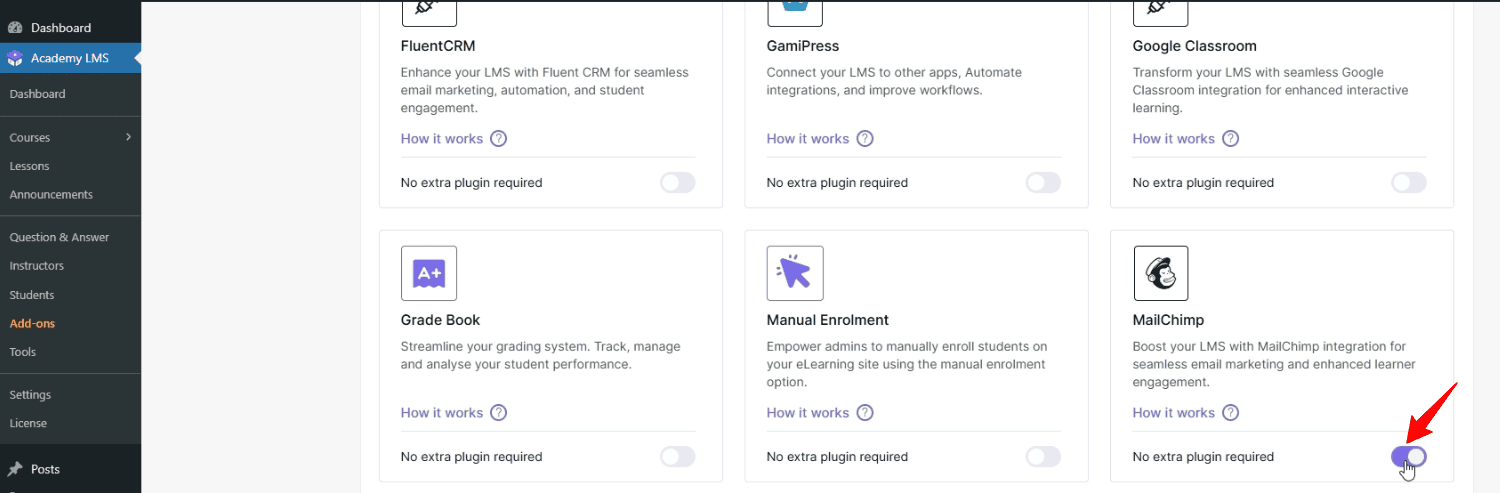 enable mailchimp for using mailchimp with academy lms