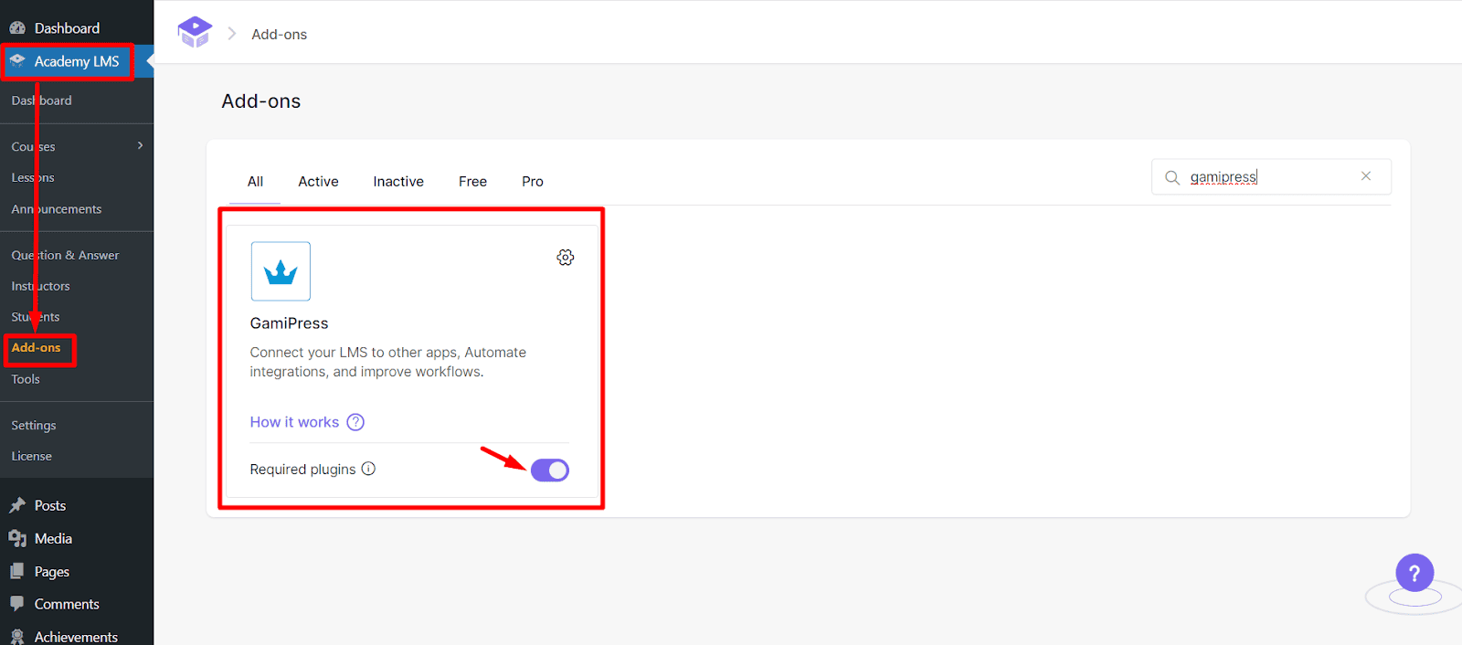enable gamipress addon for use GamiPress with Academy LMS