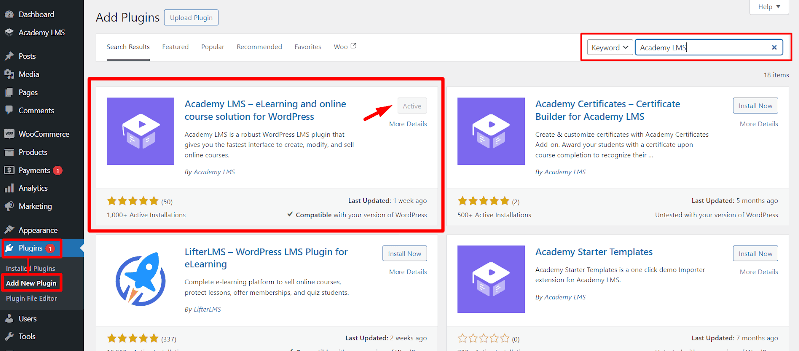 install and activate academy lms