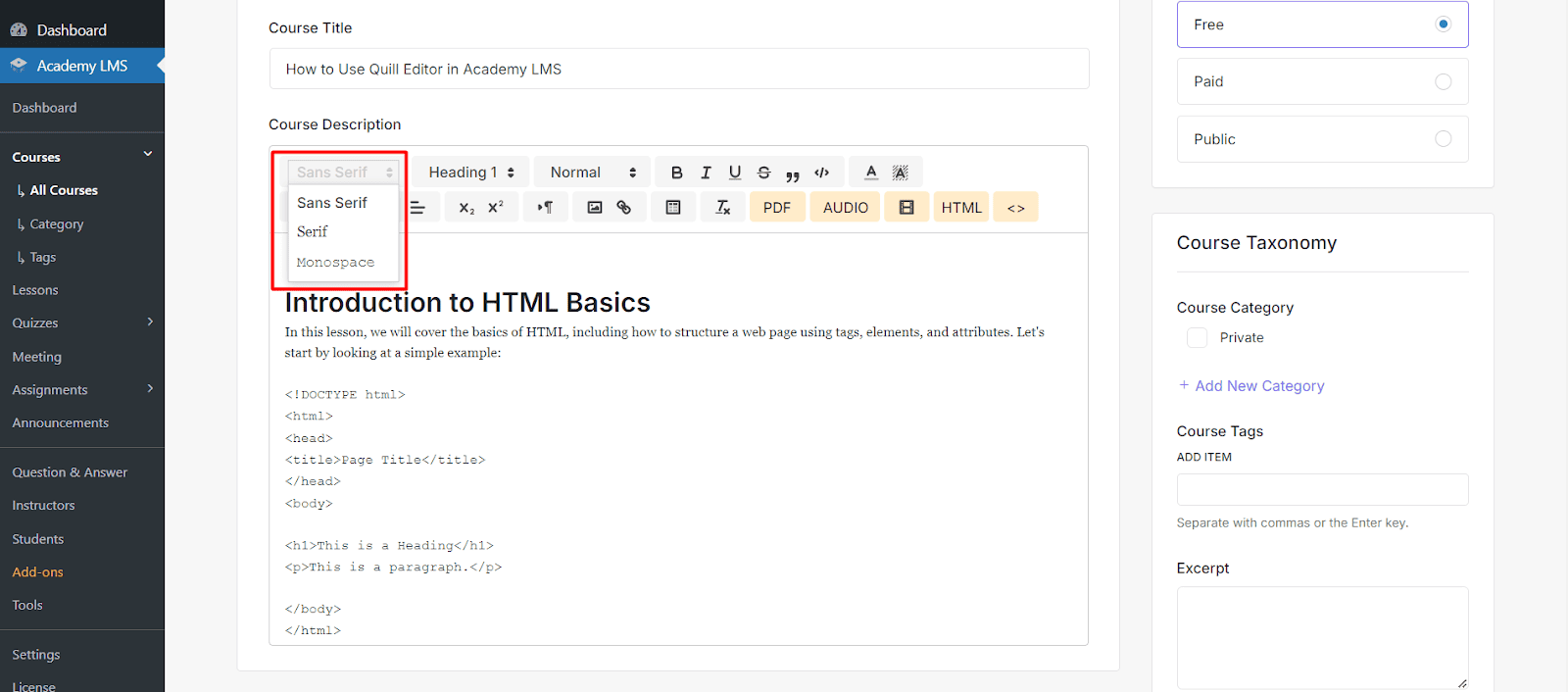 Font Selection Settings Quill editor in Academy LMS
