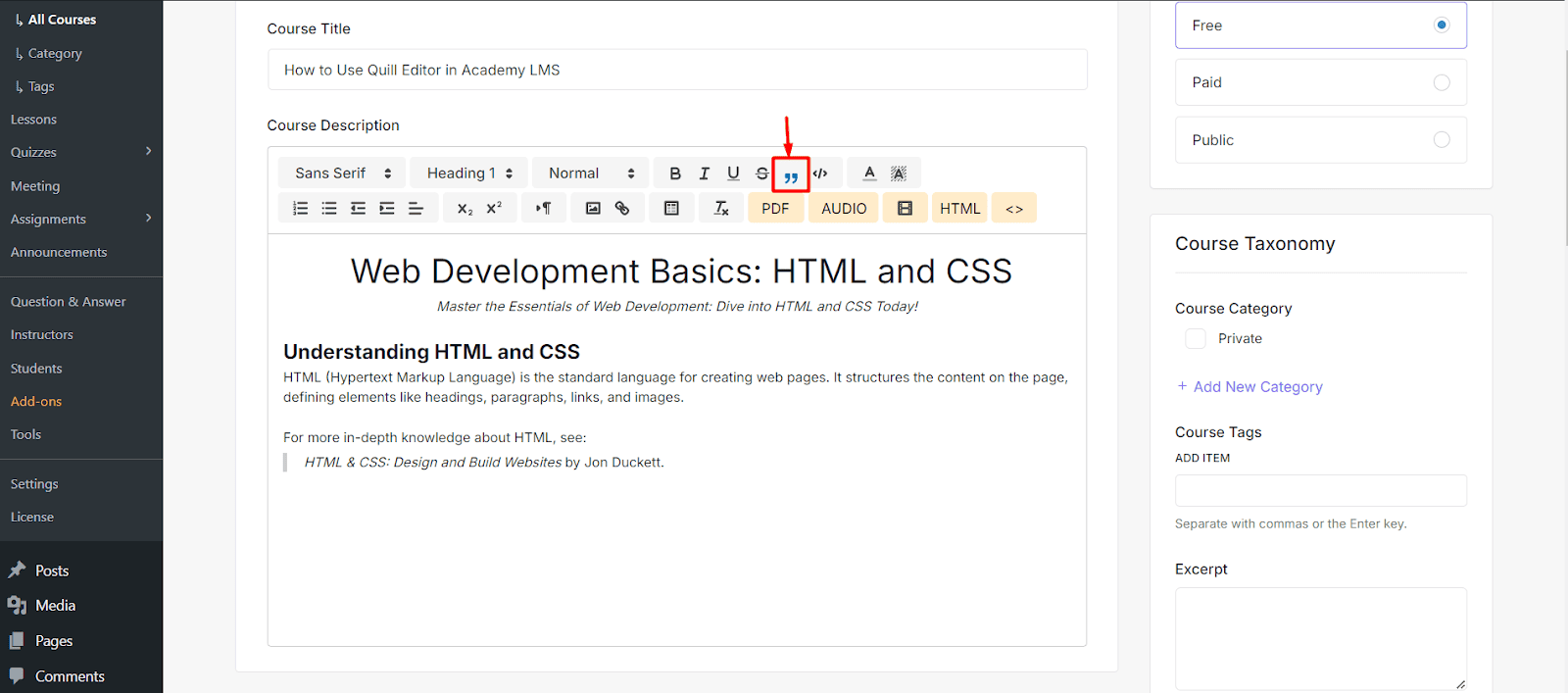 Citation Settings Quill editor in Academy LMS
