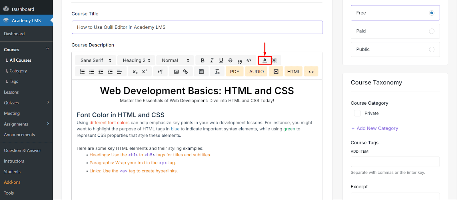 Font Color Settings Quill editor in Academy LMS