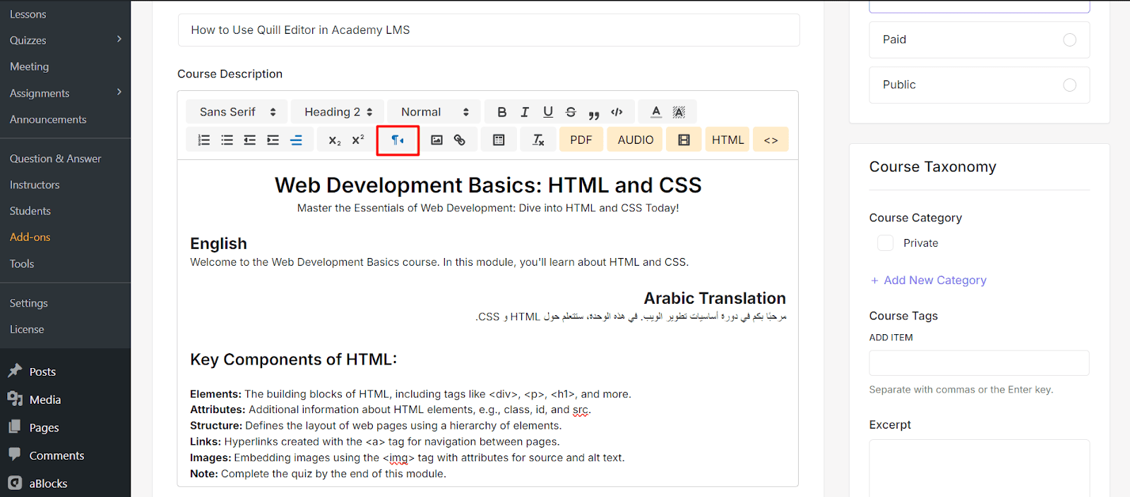 LTR/RTL Settings Quill editor in Academy LMS