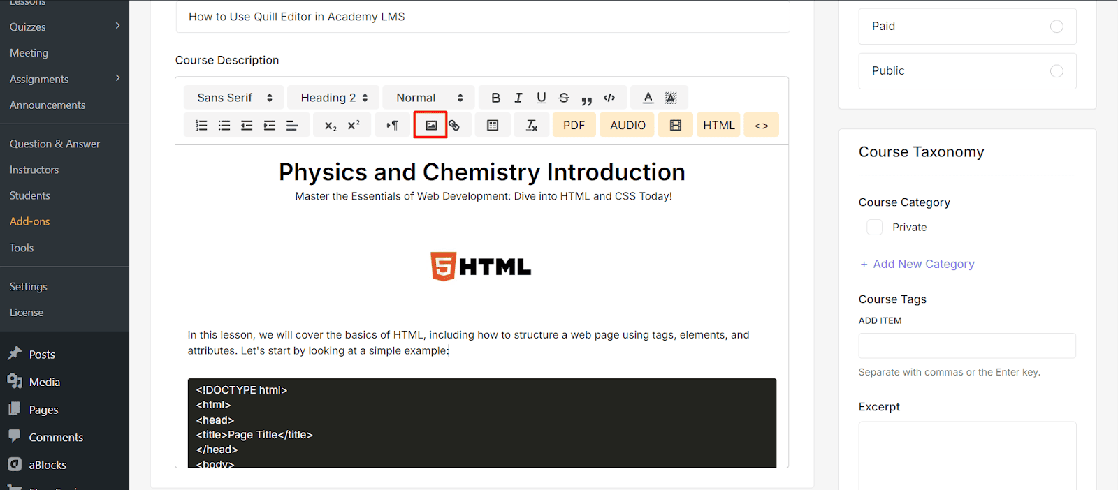 Image Settings Quill editor in Academy LMS