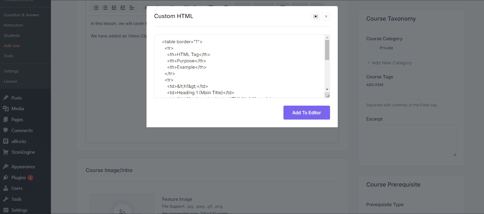 Custom HTML Settings Quill editor in Academy LMS 2