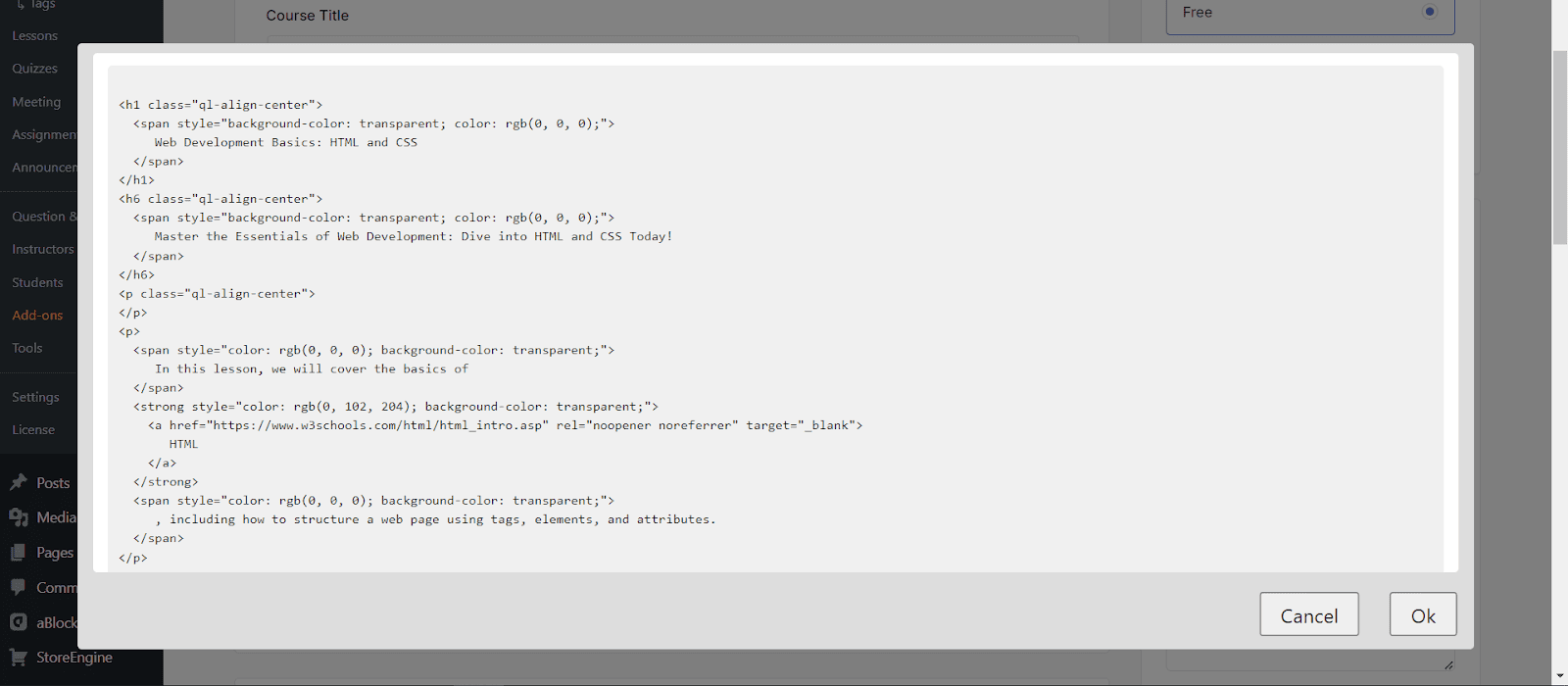 Show HTML Settings Quill editor in Academy LMS 2