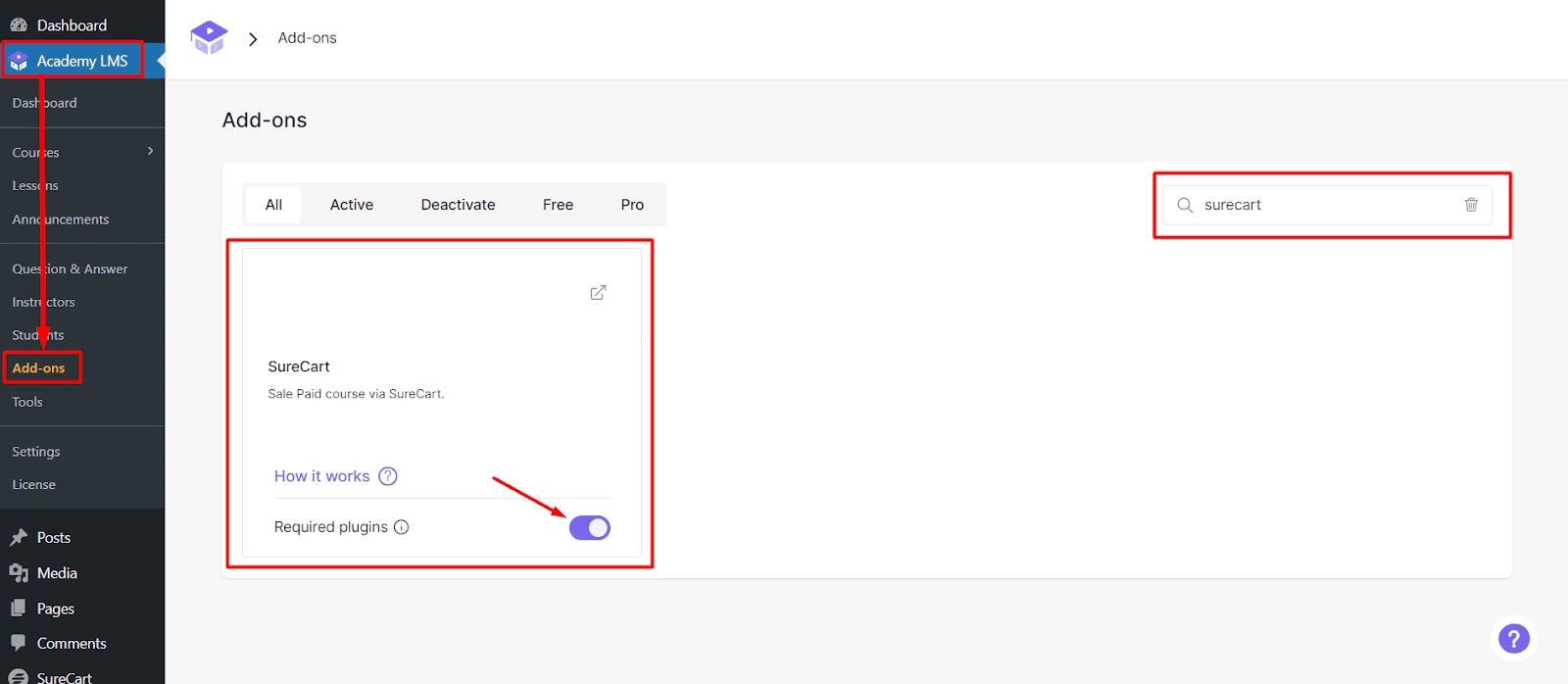 Enable SureCart Addon
